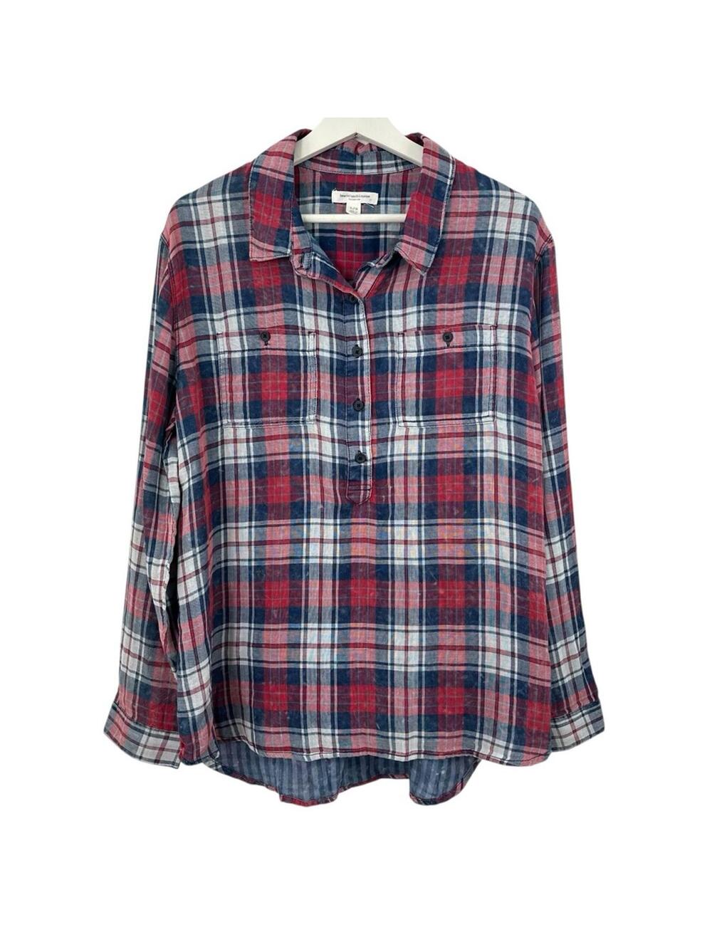 BeachLunchLounge Women’s Distressed Plaid Button Down Shirt Size L